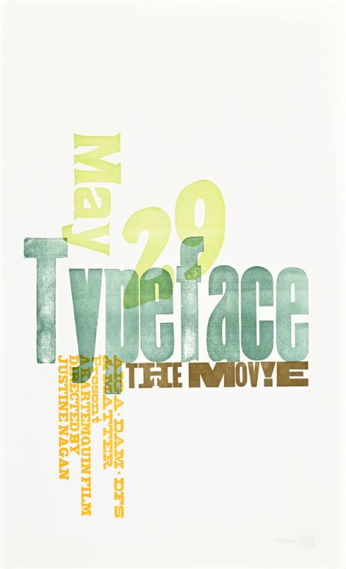 A poster of colorful overlapping text on a white background