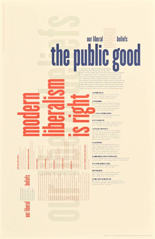 A poster of vertical red white and blue text on a white background