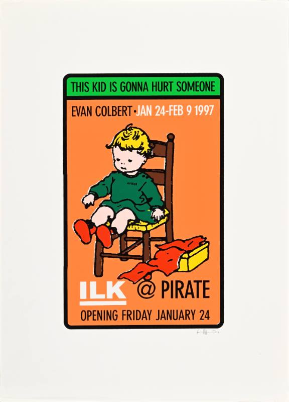 A poster of a white child on a chiar below text 