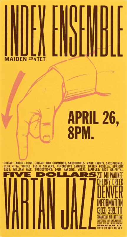 A poster of a hand pointing down on a yellow background