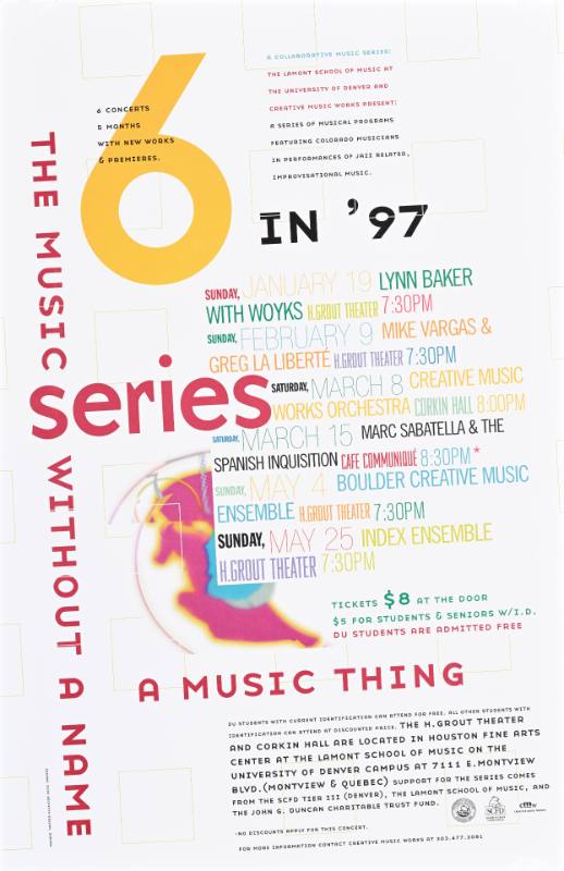 A poster of colorful text and a large number 6 on a white background