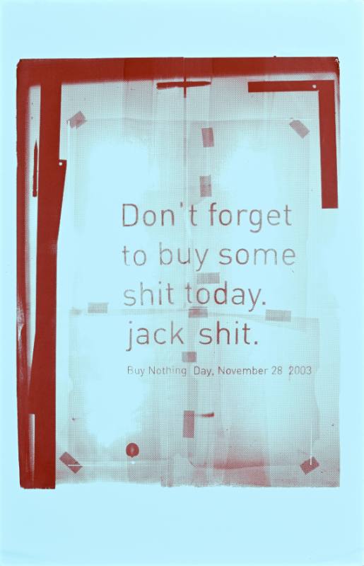 A poster of a blurry image made of unidentifiable shapes on a blue background