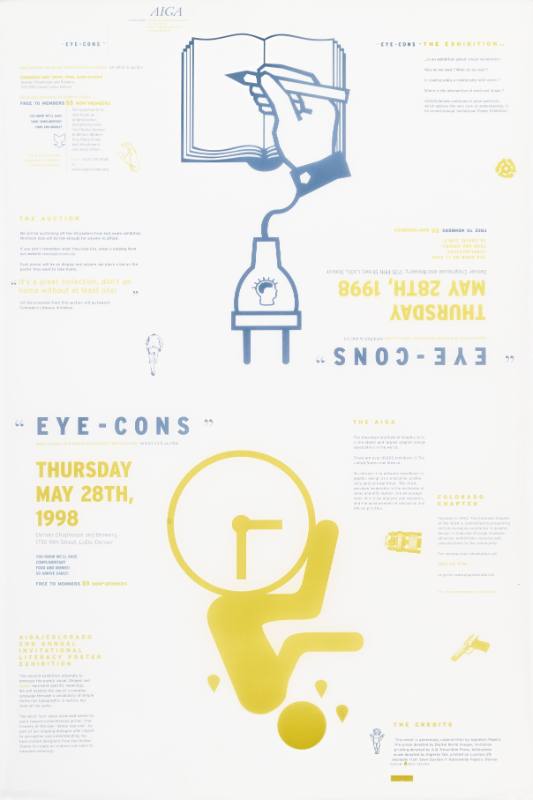 A poster of a man sitting on a clock and a hand writing in a book while plugged into an electrical socket