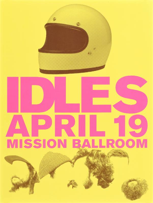 A poster of a motorcycle helmet and four heads without faces below bold pink text on a yellow background