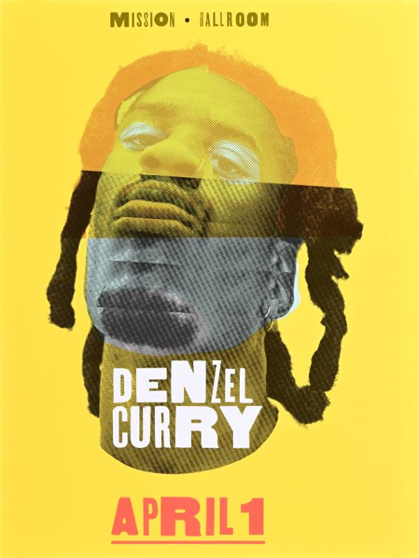 A poster of a black man with his face stretched on a yellow background