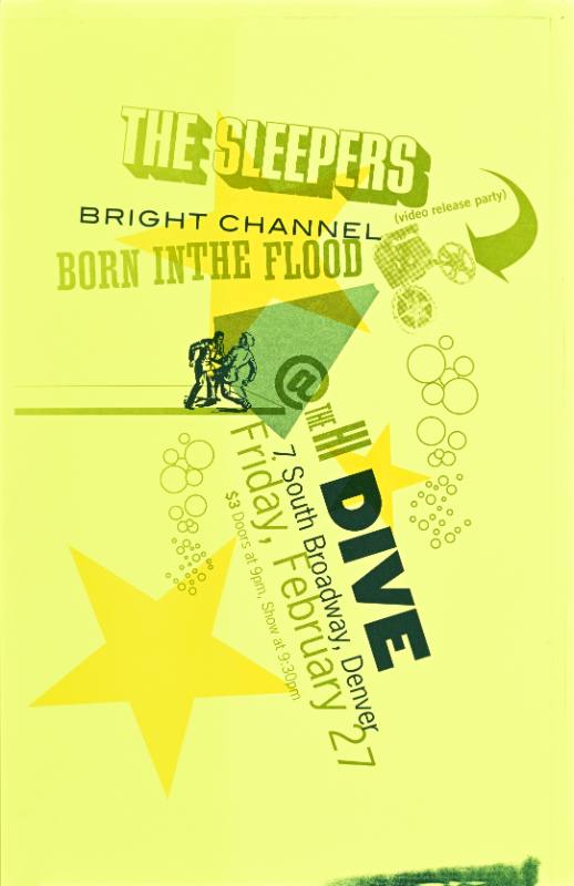 A poster of two figures looking over the edge with stars, bubbles, and film reels on a green background