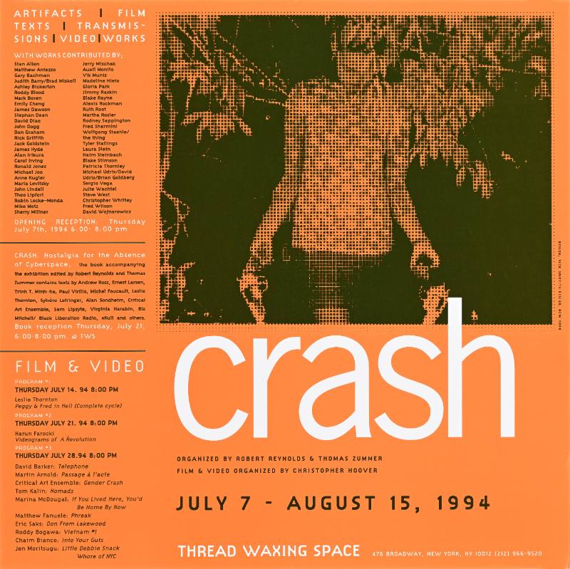 A poster of a blurry figure walking through leaves on an orange background