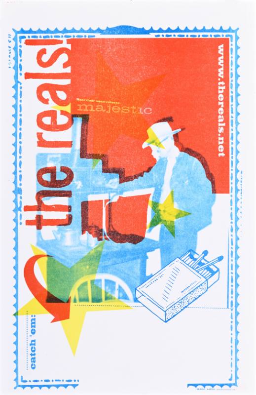 A poster of a brightly colored figur reaching towards a counter on a red and white background