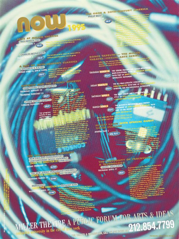 A poster of layered white and blue loose circles on a red background