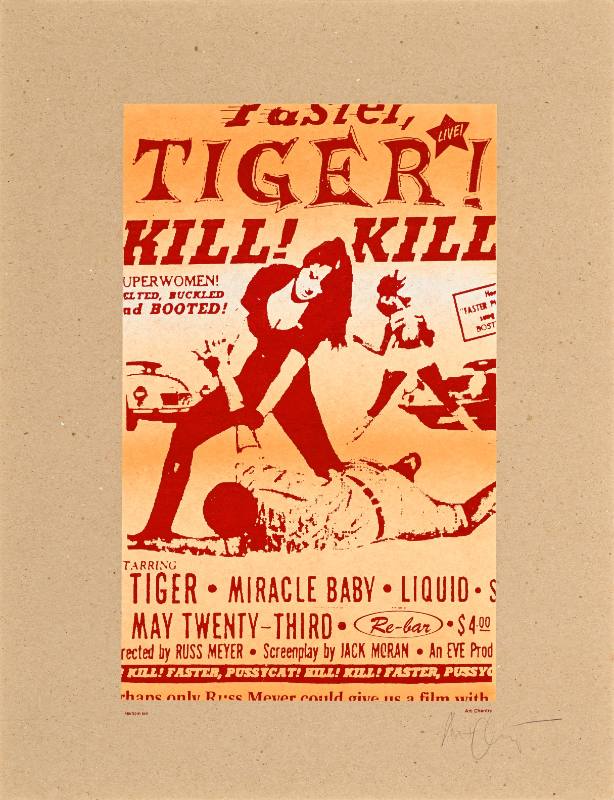 A poster of a concert printed in orange on a brown chipboard background