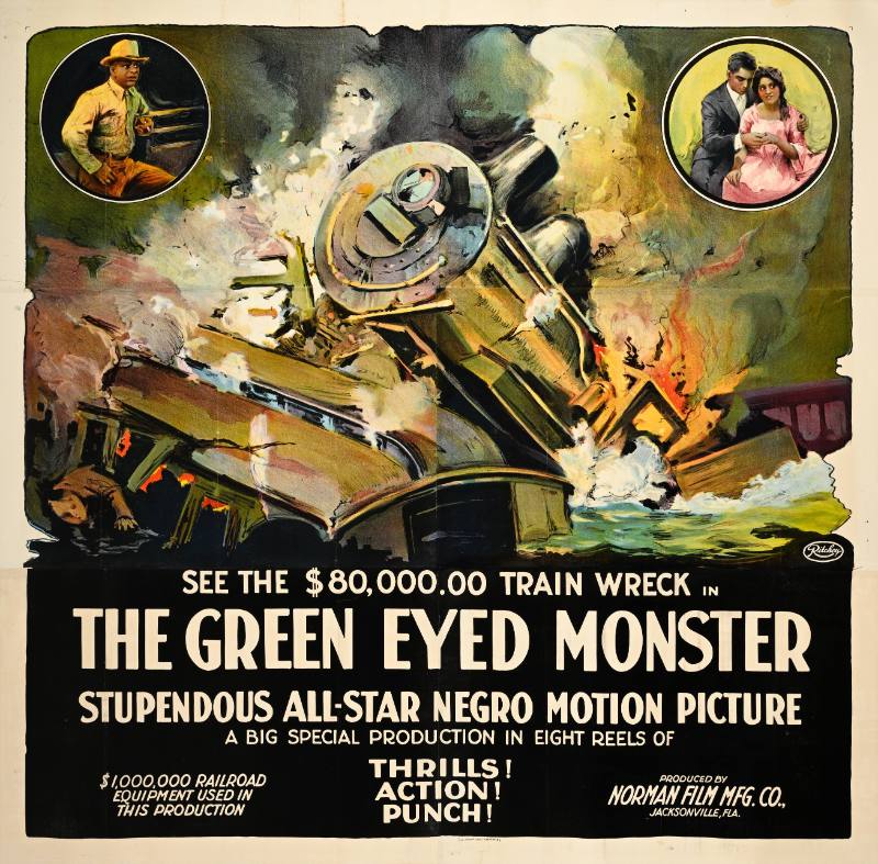 A poster of a train crash with vignettes of Black men and women embracing