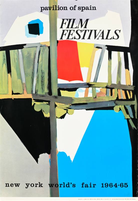 A poster of a colorful bridge stretched across a geometric background