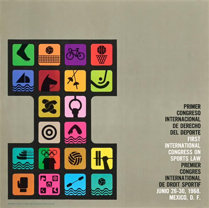 A poster made out of small colorful symbols arranged in the shape of the letter I on a grey background