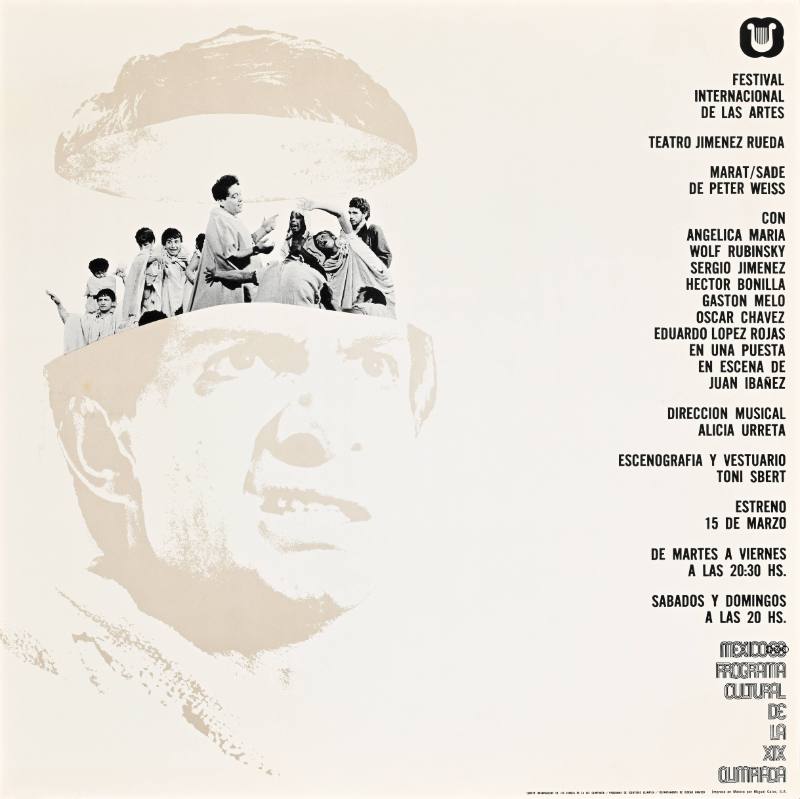 A poster of a grimacing man with tiny people coming out of his head