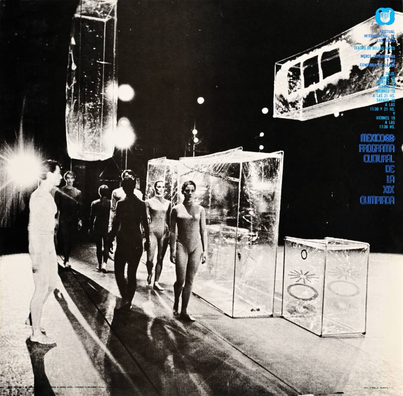 A poster of a mysterious catwalk with figures in bathing suits walking next to transparent boxes