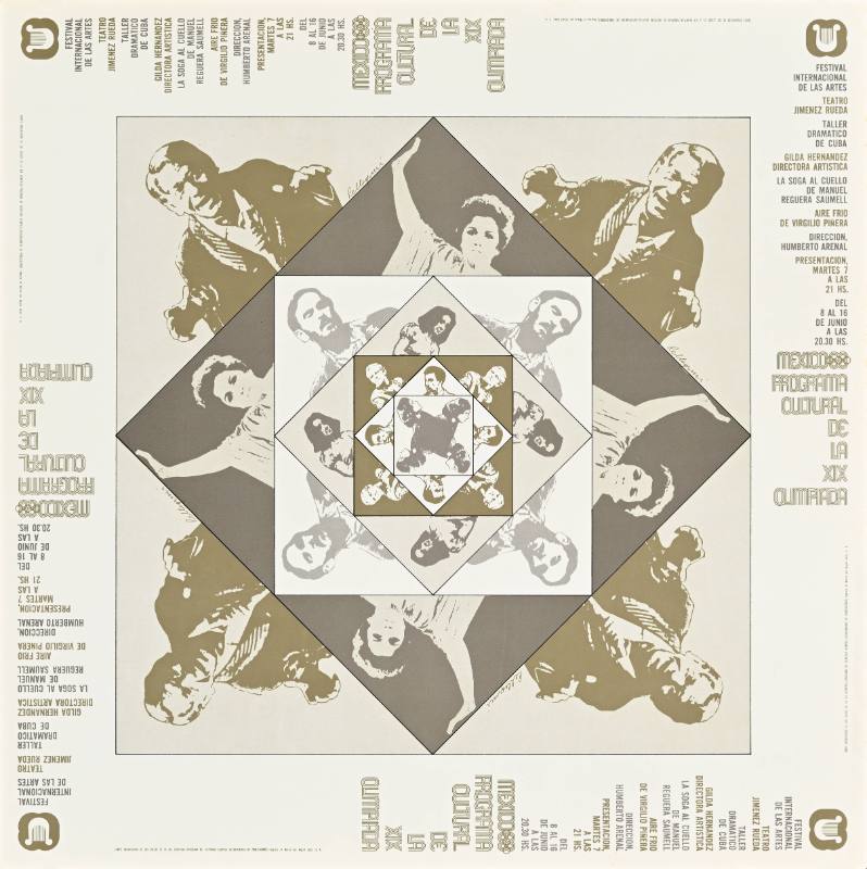 A poster of an intricate square made out of layered photographs of men and women in fancy costumes