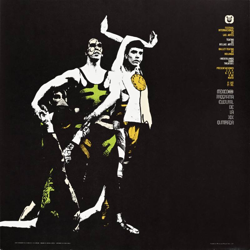 A poster of a group of performers in ornate costumes on a black background