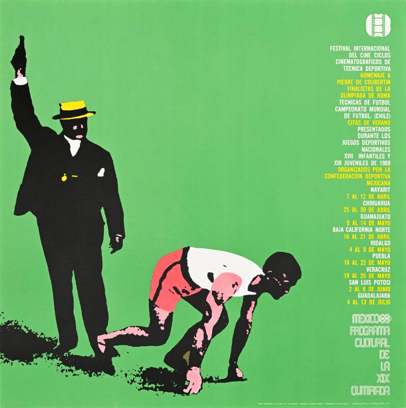 A poster of a runner taking their mark with an officiant with a pistol over his head