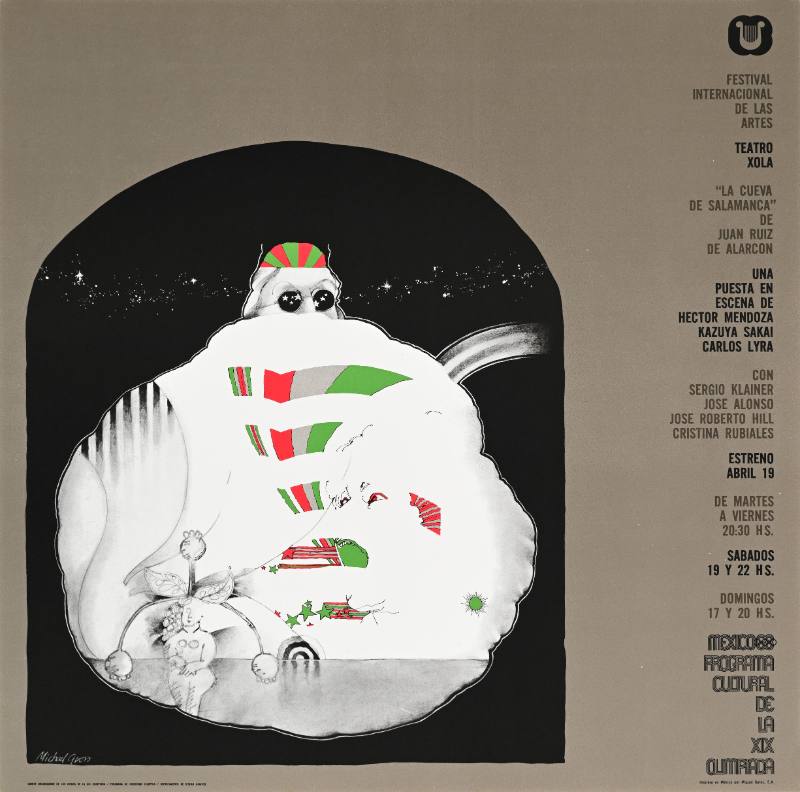 A poster of a psychedelic figure with birds on a white blob
