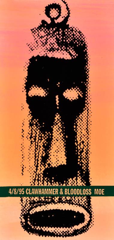 A poster of an abstract black face printed in dots on an orange background