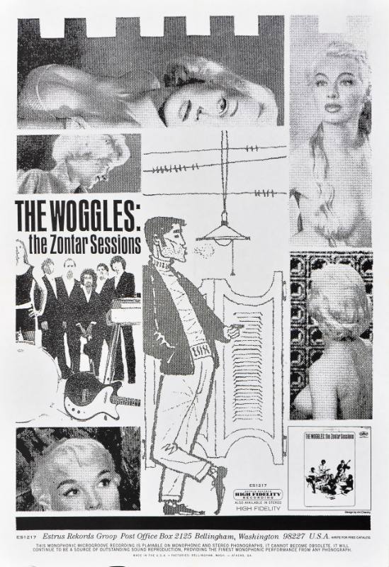 A poster of a man leaning against a bathroom door surrounded by pictures of a white blonde woman and a band of white men and women