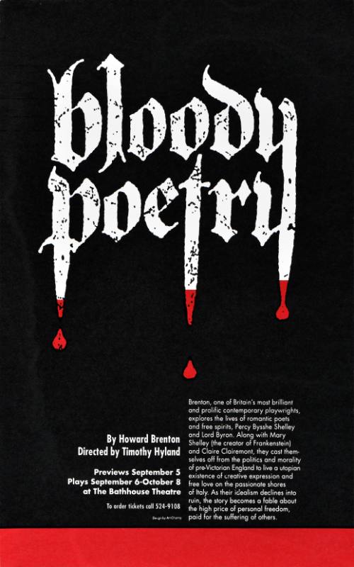A poster of bloody text on a black background