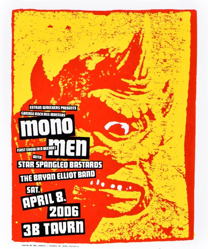 A poster of a red and yellow monster with one eye with bold black and white text over top of it
