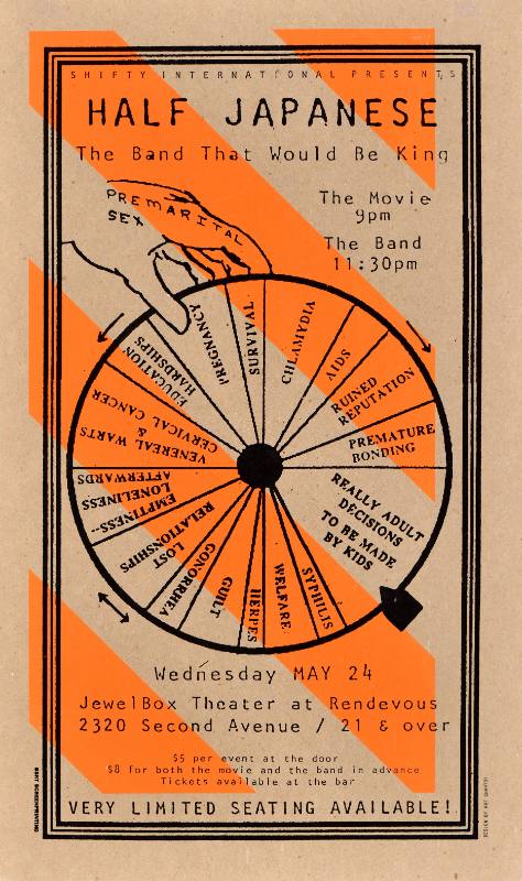 A poster of a hand spinning a wheel printed on a brown and orange striped background