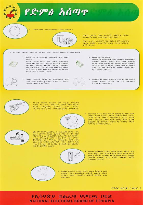 A poster of text on a yellow green and red background