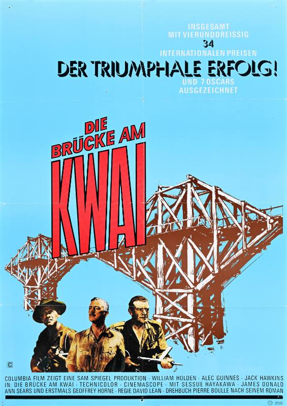 A poster of three men standing underneath a bridge on a blue background