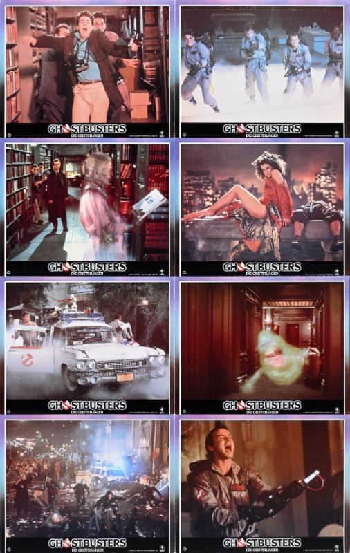 A poster of eight small rectangles featuring scenes of cartoon ghosts and real men and women fighting them