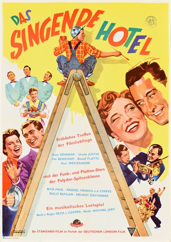 A poster of a woman on a ladder painting a mural of smiling white men and women