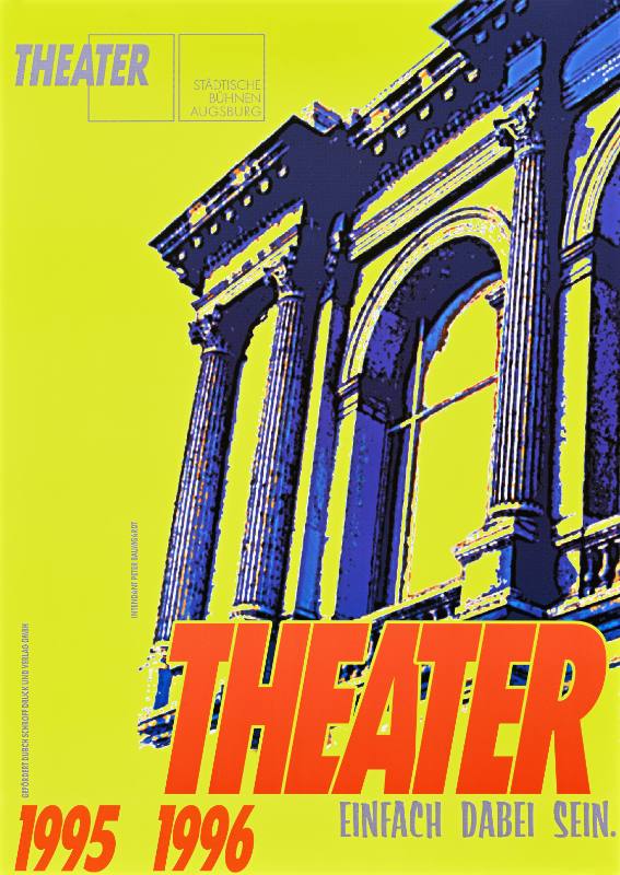 A poster of a stone gate with columns on a neon yellow background