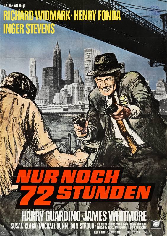 A poster of two men pointing guns at one another in front of a city skyline
