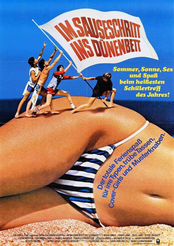 A poster of a group of men lifting a flag on top of a giant woman in a swimsuit's hips