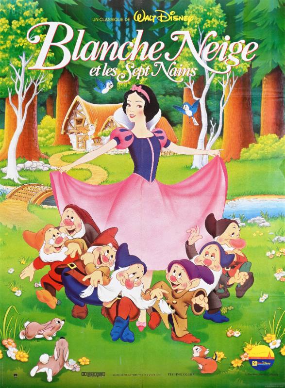 A poster of a white princess standing behind seven tiny men