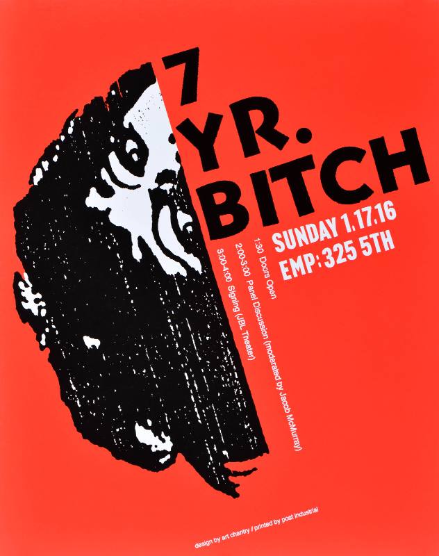 A poster of a man's face cut off at his nose next to bold black text on a neon red background