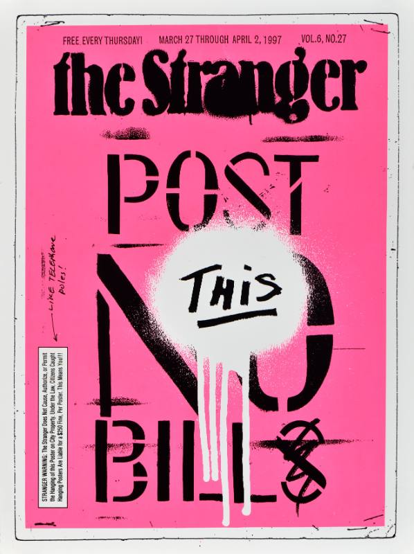 A poster of stenciled text on a neon pink background