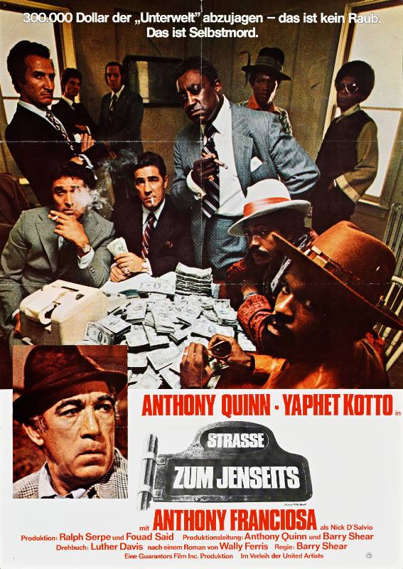 A poster of a room full of Black and white men in suits smoking cigars