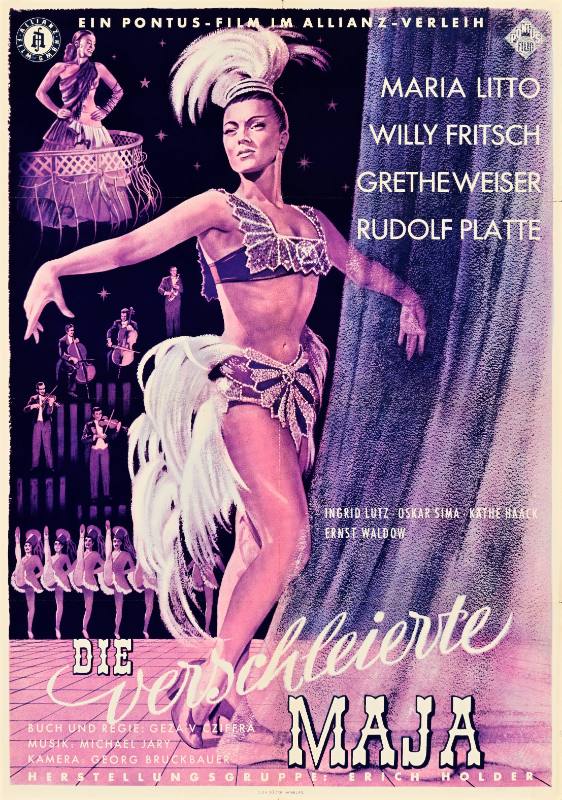 A poster of a woman in a purple dance costume with a long veil