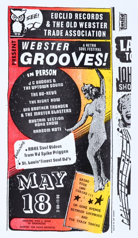 A poster of a nude woman posing with her arms up next to geometric shapes filled with text