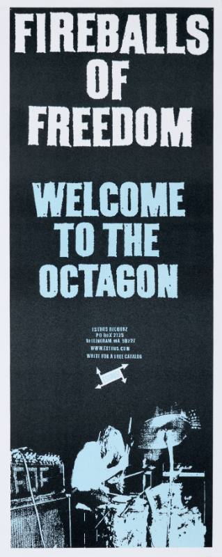 A poster of a blue drummer on a stage printed on a black background below bold text