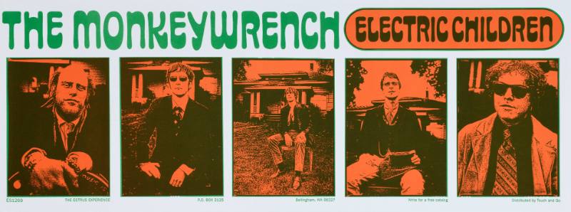 A poster of orange and black photographs of white men sitting in front of an old house