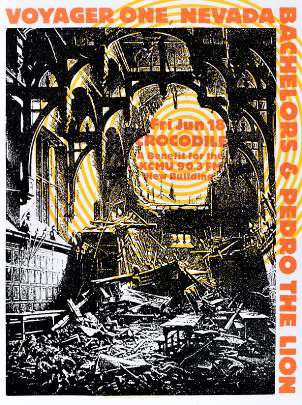 A poster of a destroyed ornate building with spiraling orange light coming through the windows