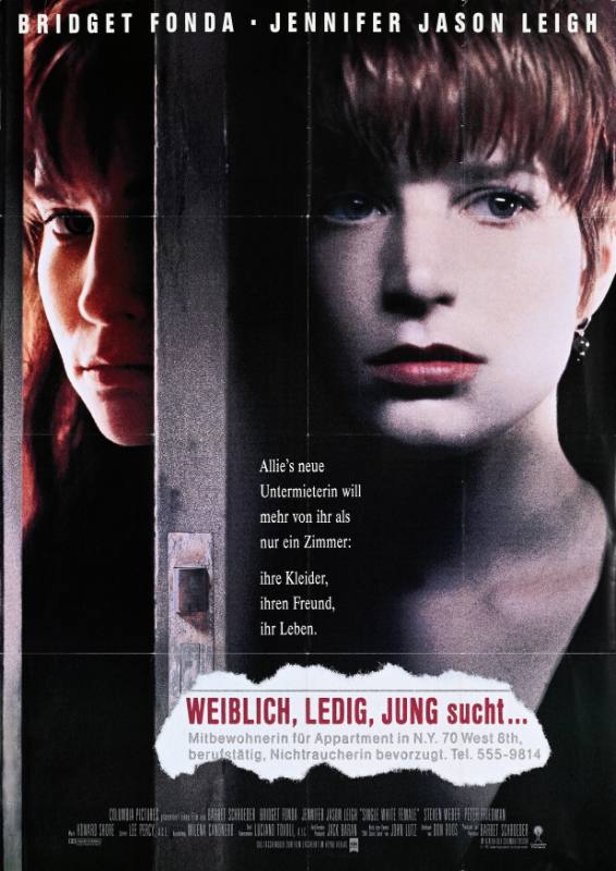 A poster of two scared looking white women on a black background