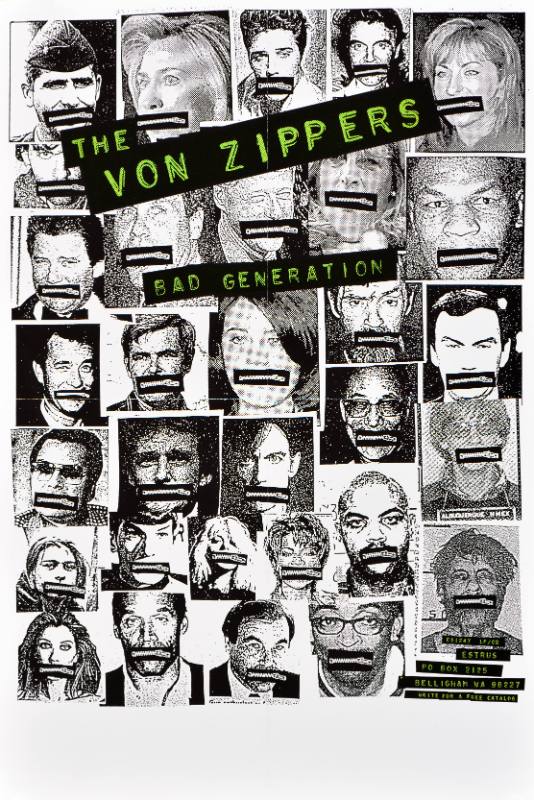 A poster of photographs of men and women with zippers over their mouths