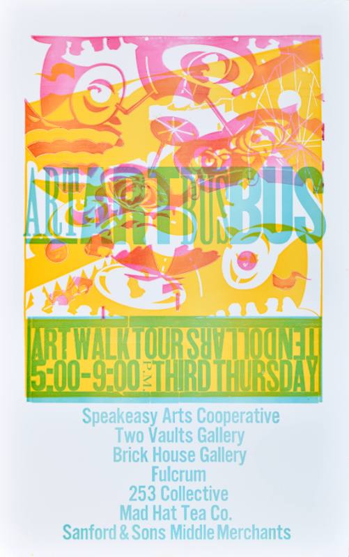 A poster of colorful text layered on top of itself