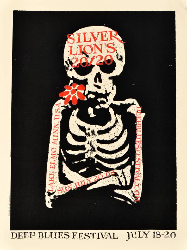 A poster of a skeleton with its arms crossed with a flower on top of its shoulder