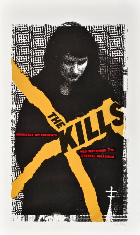 A poster of a woman looking downwards with a yellow x at her center