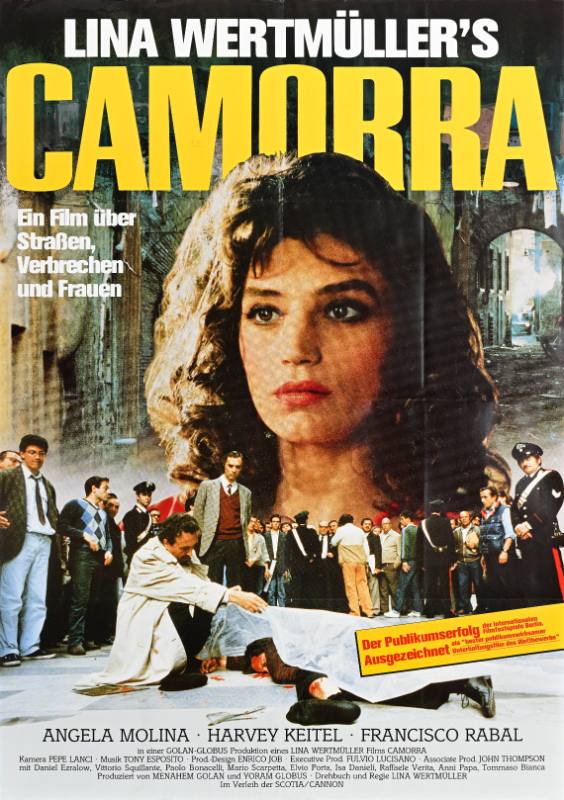 A poster of a white woman looking out over a crowd of people surrounding a dead body